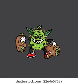 nug weed vector smoking joint and bong hold bud cartoon monster