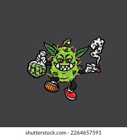 Nackenkraut-Vektorrauchgelenk und Bong-Hold-Bud-Cartoon-Monster