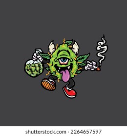 vectores de maleza nug cigarrillo articulación y bong hold bud caricatura monstruo