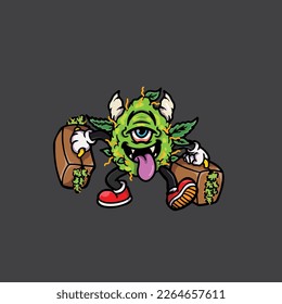 nug weed vector smoking joint and bong hold bud cartoon monster