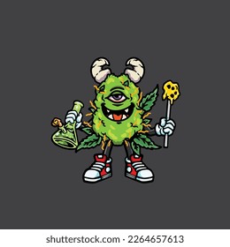 nug weed vector smoking joint and bong hold bud cartoon monster