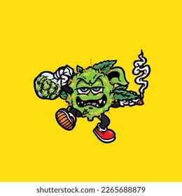 nug weed vector smoking joint and bong hold bud cartoon monster
