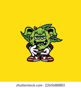 nug weed vector smoking joint and bong hold bud cartoon monster