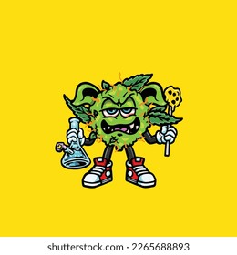 nug weed vector smoking joint and bong hold bud cartoon monster
