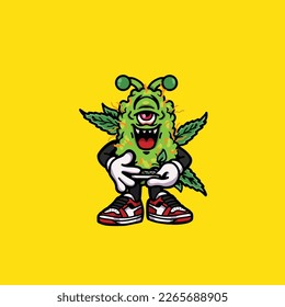 nug weed vector smoking joint and bong hold bud cartoon monster