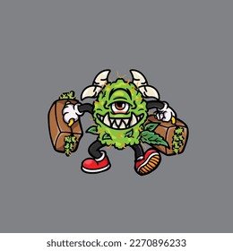 Nackenkraut-Vektorrauchgelenk und Bong-Hold-Bud-Cartoon-Monster