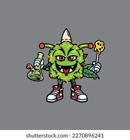 vectores de maleza nug cigarrillo articulación y bong hold bud caricatura monstruo
