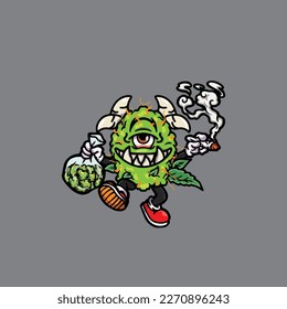 nug weed vector smoking joint and bong hold bud cartoon monster