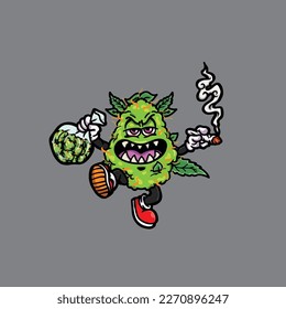 nug weed vector smoking joint and bong hold bud cartoon monster