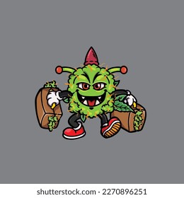 nug weed vector smoking joint and bong hold bud cartoon monster