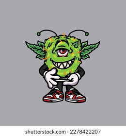 Nackenkraut-Vektorrauchgelenk und Bong-Hold-Bud-Cartoon-Monster