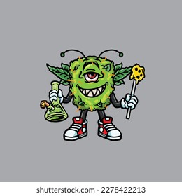 nug weed vector smoking joint and bong hold bud cartoon monster