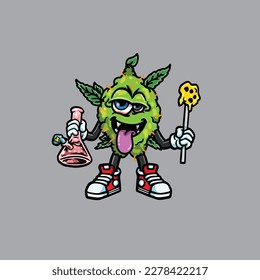 vectores de maleza nug cigarrillo articulación y bong hold bud caricatura monstruo