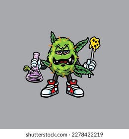 nug weed vector smoking joint and bong hold bud cartoon monster