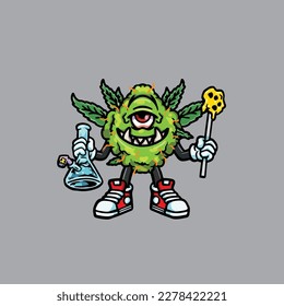 nug weed vector smoking joint and bong hold bud cartoon monster