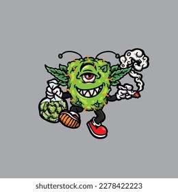 nug weed vector smoking joint and bong hold bud cartoon monster