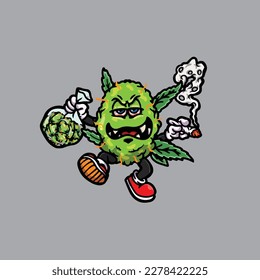 nug weed vector smoking joint and bong hold bud cartoon monster