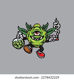 nug weed vector smoking joint and bong hold bud cartoon monster