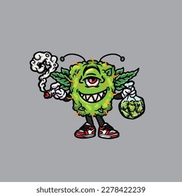 nug weed vector smoking joint and bong hold bud cartoon monster