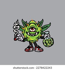 nug weed vector smoking joint and bong hold bud cartoon monster