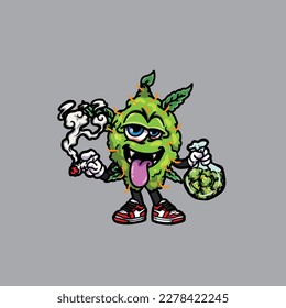 nug weed vector smoking joint and bong hold bud cartoon monster