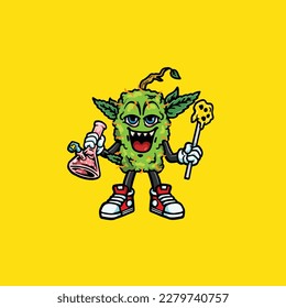 nug weed vector smoking joint and bong hold bud cartoon monster