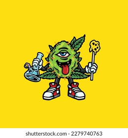 nug weed vector smoking joint and bong hold bud cartoon monster