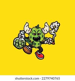 nug weed vector smoking joint and bong hold bud cartoon monster