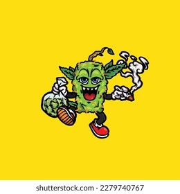 Nackenkraut-Vektorrauchgelenk und Bong-Hold-Bud-Cartoon-Monster