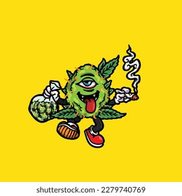 vectores de maleza nug cigarrillo articulación y bong hold bud caricatura monstruo