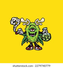 nug weed vector smoking joint and bong hold bud cartoon monster