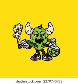 nug weed vector smoking joint and bong hold bud cartoon monster