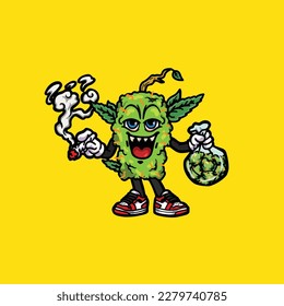 nug weed vector smoking joint and bong hold bud cartoon monster