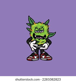 nug weed vector smoking joint and bong hold bud cartoon monster
