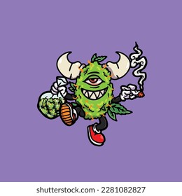 nug weed vector smoking joint and bong hold bud cartoon monster