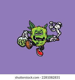 nug weed vector smoking joint and bong hold bud cartoon monster