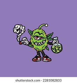 nug weed vector smoking joint and bong hold bud cartoon monster