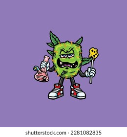 nug weed vector smoking joint and bong hold bud cartoon monster