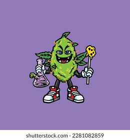 nug weed vector smoking joint and bong hold bud cartoon monster