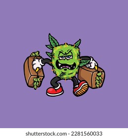 nug weed vector smoking joint and bong hold bud cartoon monster