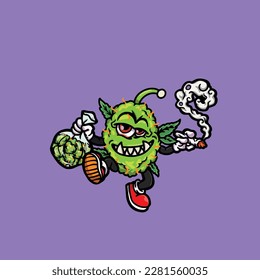 nug weed vector smoking joint and bong hold bud cartoon monster