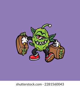 nug weed vector smoking joint and bong hold bud cartoon monster