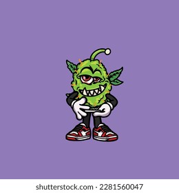 nug weed vector smoking joint and bong hold bud cartoon monster
