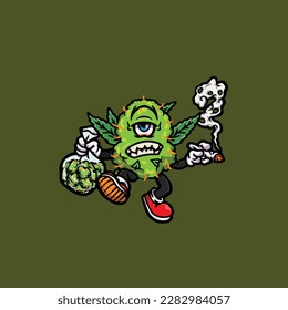vectores de maleza nug cigarrillo articulación y bong hold bud caricatura monstruo