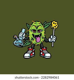 nug weed vector smoking joint and bong hold bud cartoon monster