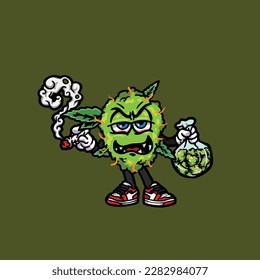 Nackenkraut-Vektorrauchgelenk und Bong-Hold-Bud-Cartoon-Monster