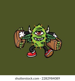 vectores de maleza nug cigarrillo articulación y bong hold bud caricatura monstruo