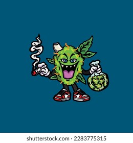 nug weed vector smoking joint and bong hold bud cartoon monster