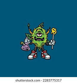 Nackenkraut-Vektorrauchgelenk und Bong-Hold-Bud-Cartoon-Monster
