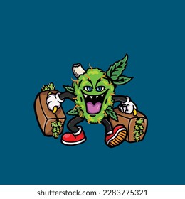 vectores de maleza nug cigarrillo articulación y bong hold bud caricatura monstruo